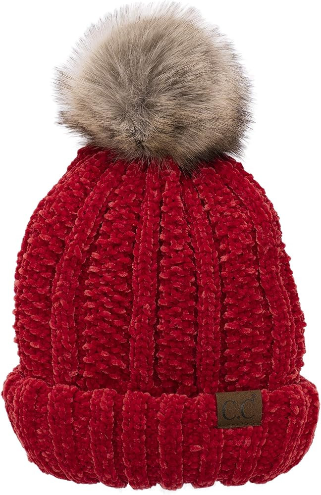 C.C Thick Cable Knit Faux Fuzzy Fur Pom Fleece Lined Skull Cap Cuff Beanie | Amazon (US)