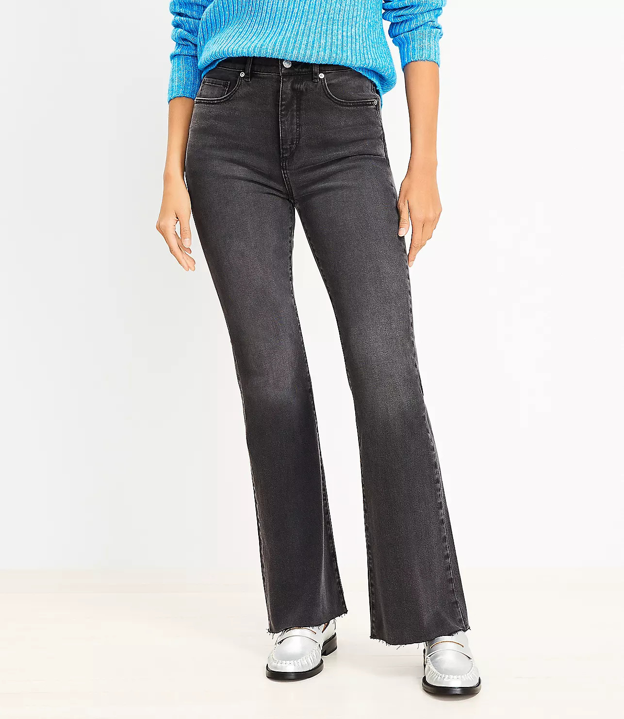 Fresh Cut High Rise Slim Flare Jeans in Washed Black | LOFT