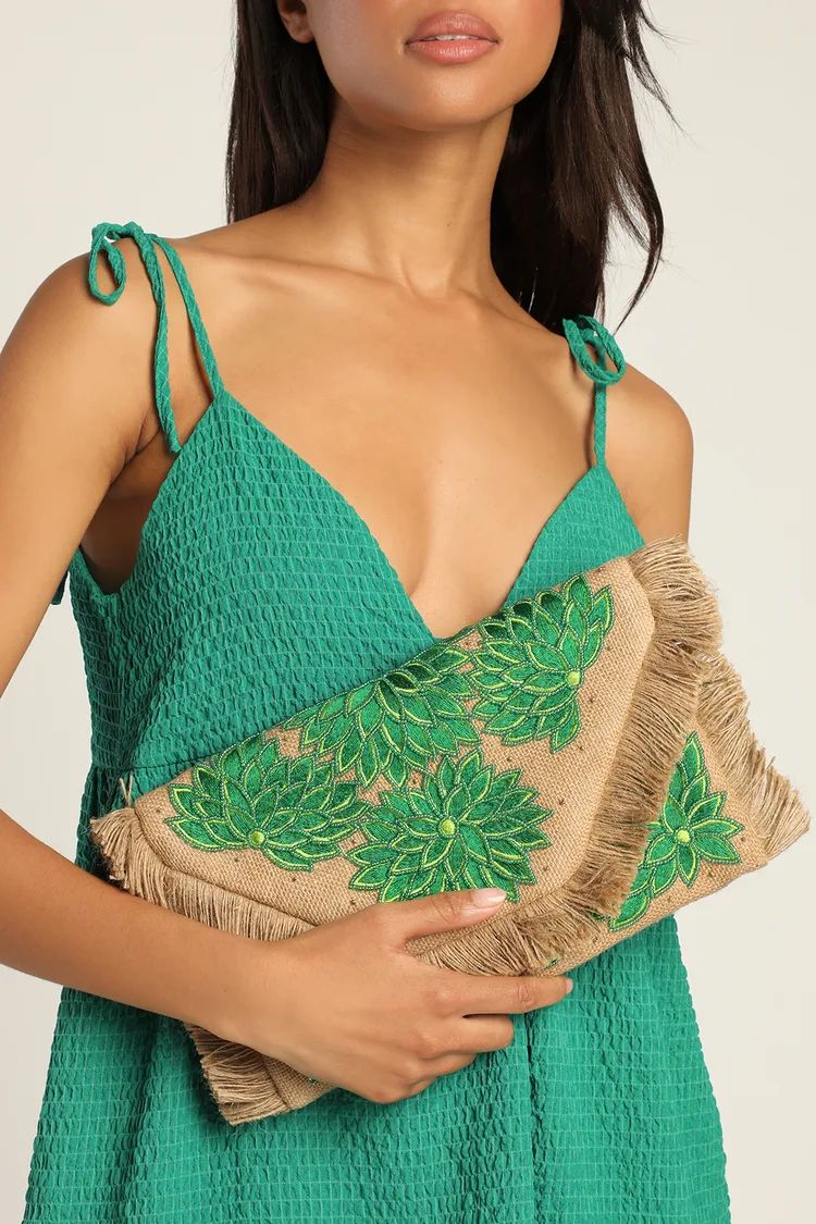 Island Vacation Tan and Green Beaded Embroidered Clutch | Lulus (US)
