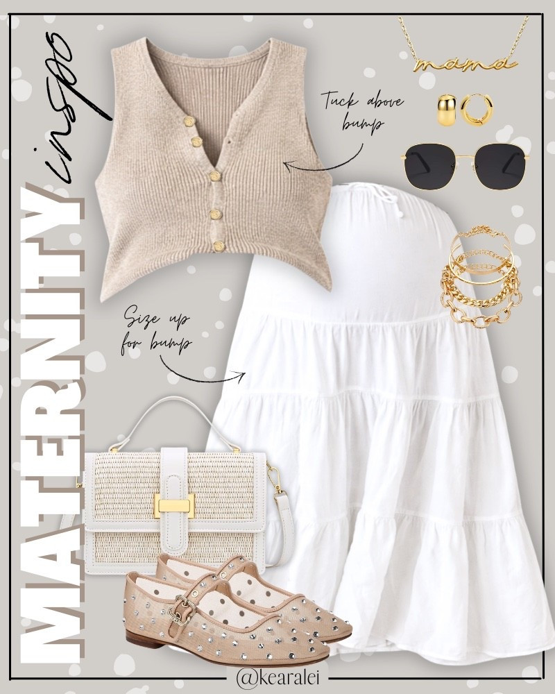 Maternity outfits spring pregnancy outfit clothes baby shower dress summer outfits maternity dress maternity skirt Amazon fashion white maxi skirt tiered skirt ruffle skirts over the bump with brown beige tan khaki ribbed button up sleeveless cardigan sweater vest nude mesh ballet flats rhinestone studded flats and white handbag faux leather woven purse crossbody gold mama necklace || baby bump style fashion cute outfit inspo mama outfits #maternity #style #fashion #outfit #outfits #babybump #sweater #babymoon #affordable #amazon
.
.
.

baby shower dress, Maternity Dresses, Maternity, over the bump, motherhood maternity, pinkblush, mama shirt sweatshirt pullover, hospital bag, nursery, maternity photos, baby moon, pregnancy, pregnant, maternity leggings, maternity tops, diaper bag, mama necklace, baby boy, baby girl outfits, newborn, mom, 
.
Amazon fashion, teacher outfits, business casual, casual outfits, neutrals, street style, Midi skirt, Maxi Dress, Swimsuit, Bikini, Travel, skinny Jeans, Puffer Jackets, Concert Outfits, Cocktail Dresses, Sweater dress, Sweaters, cardigans Fleece Pullovers, hoodies, button-downs, Oversized Sweatshirts, Jeans, High Waisted Leggings, dresses, joggers, fall Fashion, winter fashion, leather jacket, Sherpa jackets, Deals, shacket, Plaid Shirt Jackets, apple watch bands, lounge set, Date Night Outfits, Vacation outfits, Mom jeans, shorts, sunglasses, plus size fashion, Stanley cup tumbler, Target, Abercrombie and fitch, Amazon, Shein, Nordstrom, H&M, forever 21, forever21, Walmart, asos, Nordstrom rack, Nike, adidas, Vans, Quay, Tarte, Sephora, lululemon, free people, j crew jcrew factory, old navy


#LTKootd #LTKBaby #LTKBump