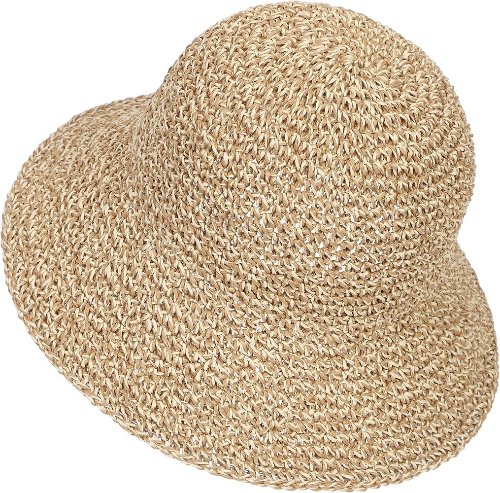 Womens Sun Hat Handmade Crochet Straw Bucket Hat Summer UV Protection Foldable Travel Cap UPF 50+ | Amazon (US)