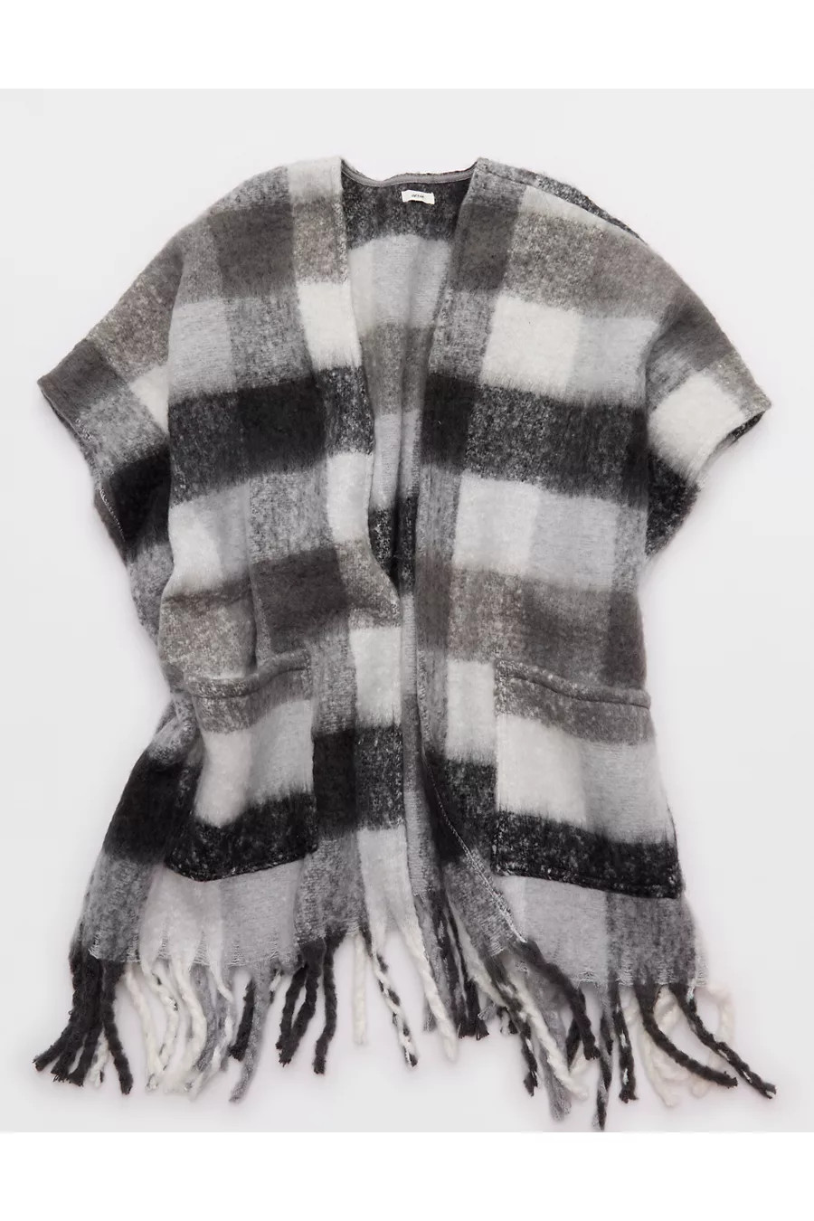 Aerie Fringe Plaid Cape Women's Shell Gray Large/X-Large | American Eagle Outfitters (US & CA)