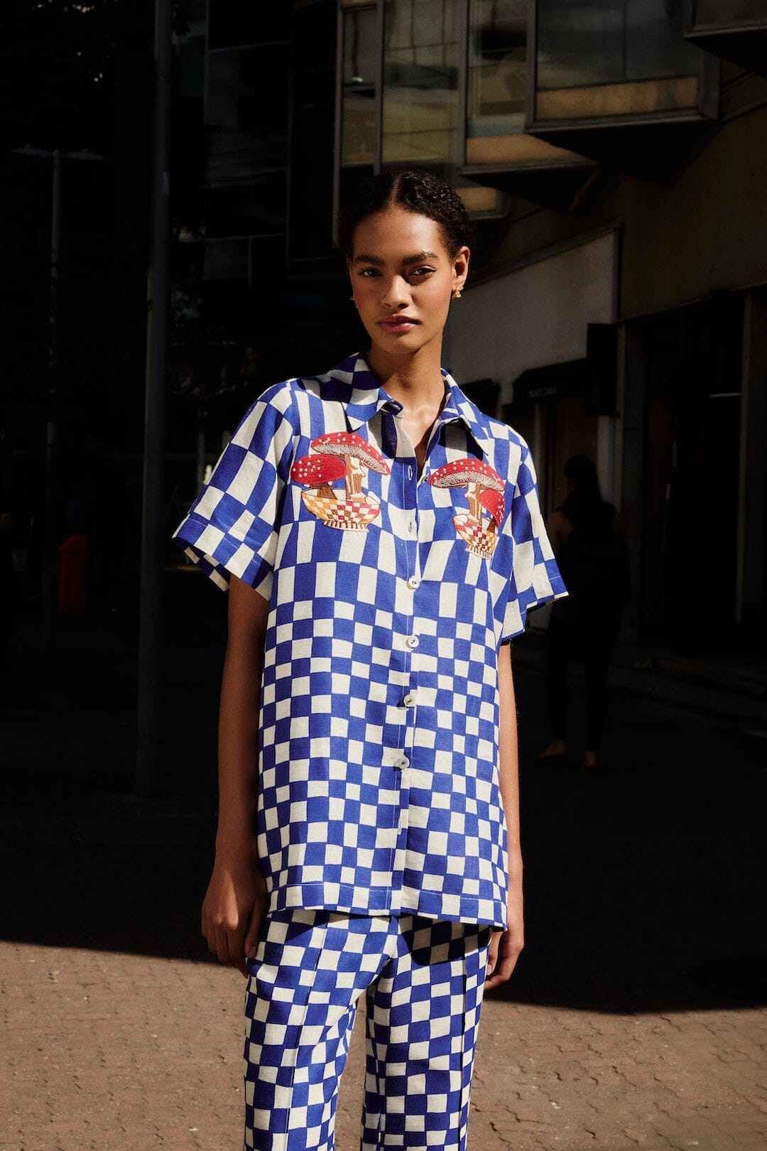 Blue Dream Checkered Short Sleeve Lenzing Ecovero Euroflax Shirt | FARM Rio | FarmRio (US)