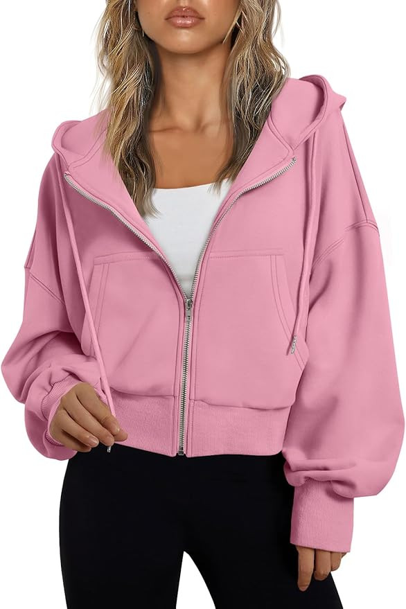 Trendy Queen Hoodies for Women Full Zip Up Cropped Sweatshirts Jackets Casual Comfy Gym Tops Fall... | Amazon (US)