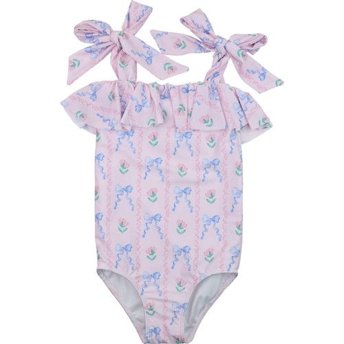 Pink And Blue Flower And Bow Lycra Shoulder Tie Swimsuit | Cecil and Lou