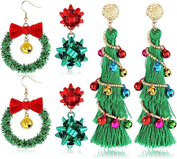 NVENF Christmas Earrings for Women Xmas Bow Wreath Earrings Long Tassel Christmas Tree Earrings F... | Amazon (US)