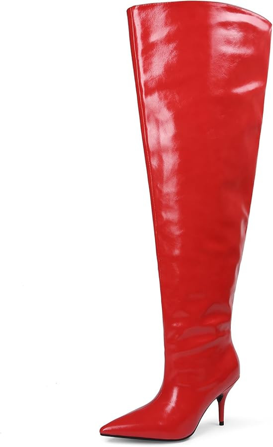 Women's Wide Calf Thigh High Heeled Boots Stiletto Cone Heel Boots Pointed Toe Pull On Black Boot... | Amazon (US)