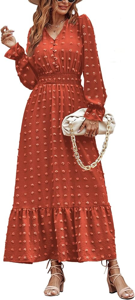 MASCOMODA Women Fall 2024 Swiss Dot Maxi Dress Long Sleeve Boho V Neck Smocked High Waisted A-Lin... | Amazon (US)