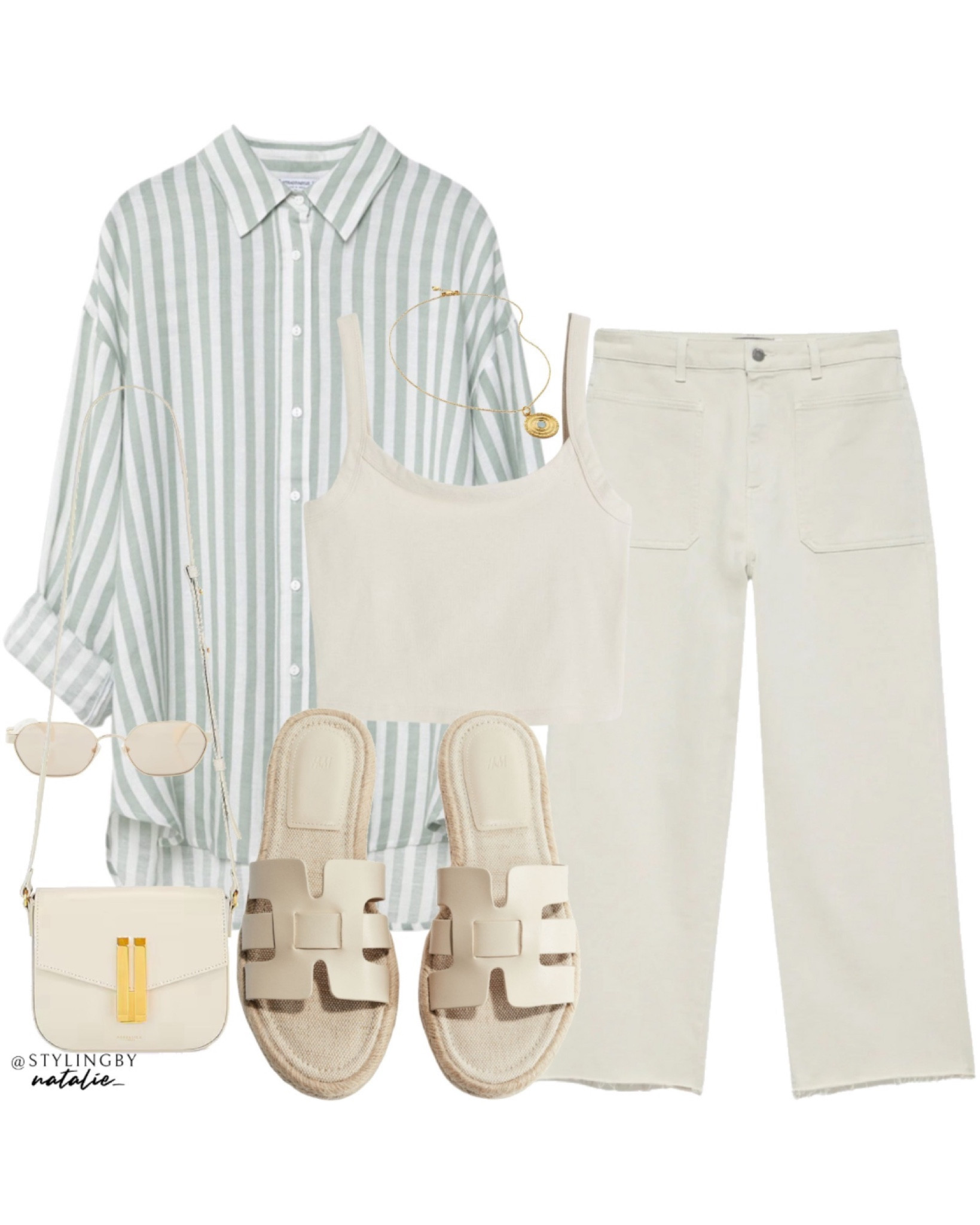 Linen stripe shirt, beige wide leg jeans, strappy crop top, beige espadrille sandals, crossbody bag, sunglasses and gold jewellery. 
Spring Summer outfit, high street outfit.

#LTKeurope #LTKstyletip #LTKSeasonal