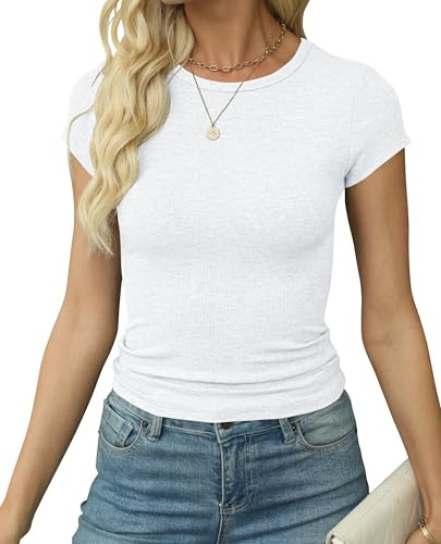 Artfish Women's Short Sleeve Shirts Crewneck Cropped Workout Slim Fitted Ribbed Casual Basic T-Shirts (White, S) | Amazon (US)