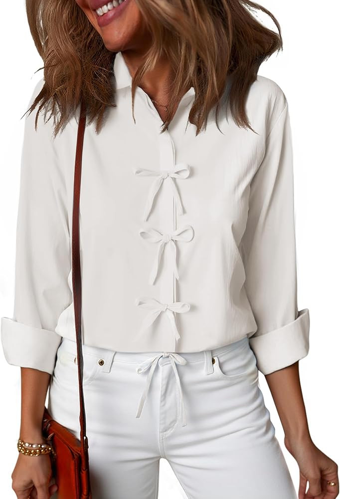 Deer Lady Button Down Shirts for Women Bow Tie Front Long Sleeve Blouses Business Dressy Casual T... | Amazon (US)