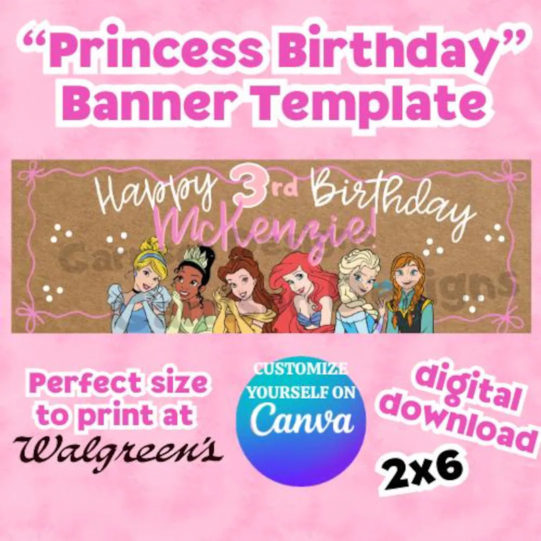 PRINTABLE 2x6 Princess birthday banner template - Digital editable canva download | Etsy (US)
