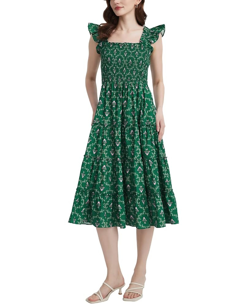 Women's Floral Smocked Midi Dress Square Neck Ruffle Strap Sleeveless Flowy A-Line Long Beach Sun... | Amazon (US)