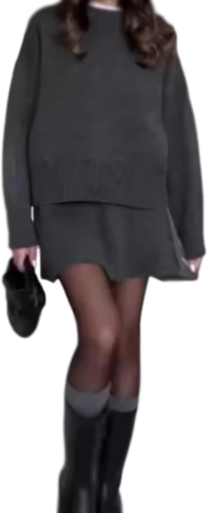 Autumn Solid Color Casual College Style Knit Dress Set Two Piece Outfits Pullover Sweater and Bod... | Amazon (US)