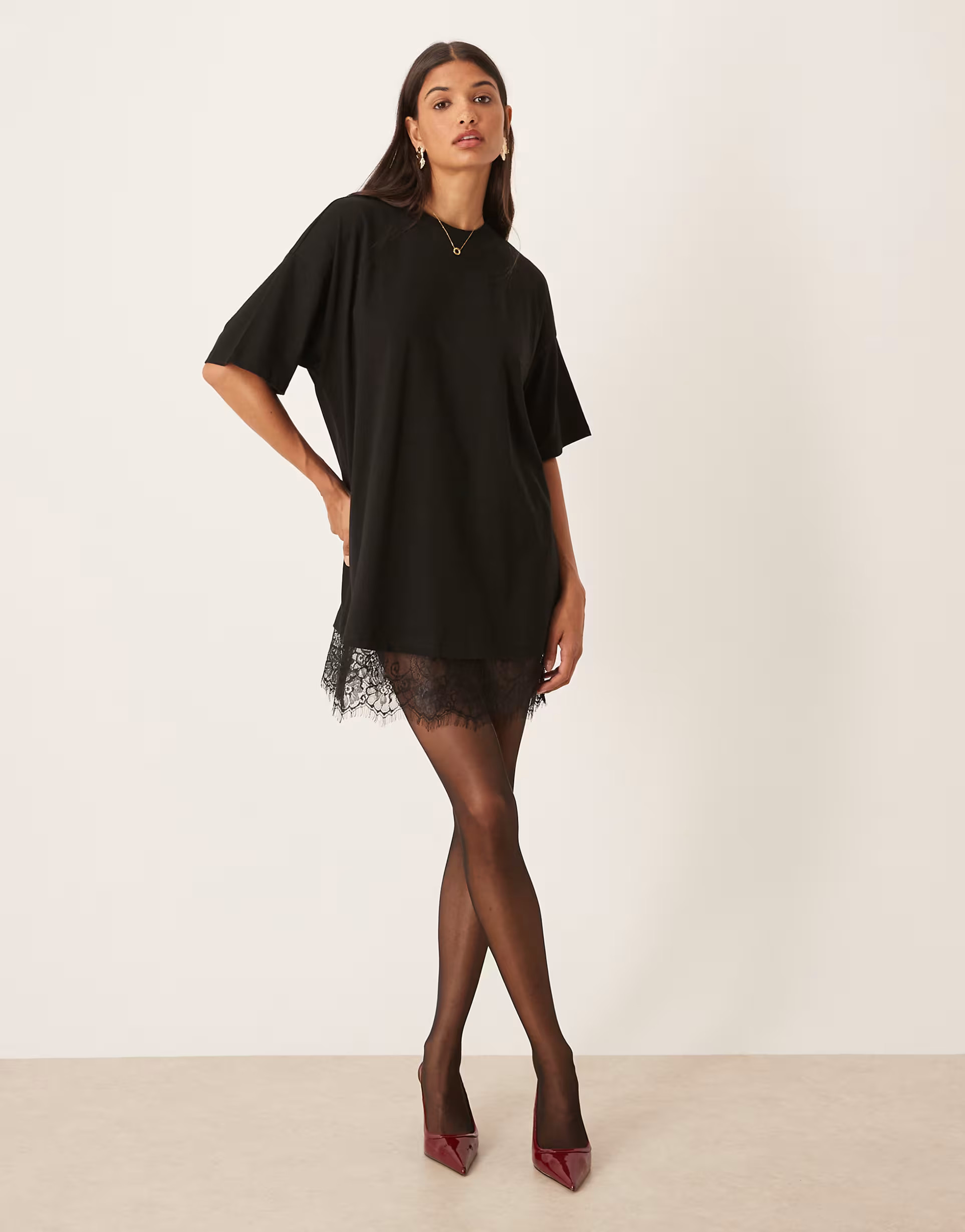 ASOS DESIGN oversized mini dress with lace hem trim in black | ASOS | ASOS (Global)