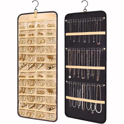 Hanging Jewelry Organizer Storage Roll with Hanger Metal Hooks Double-Sided Jewelry Holder for Earrings, Necklaces, Rings on Closet, Wall, Door | Wayfair North America
