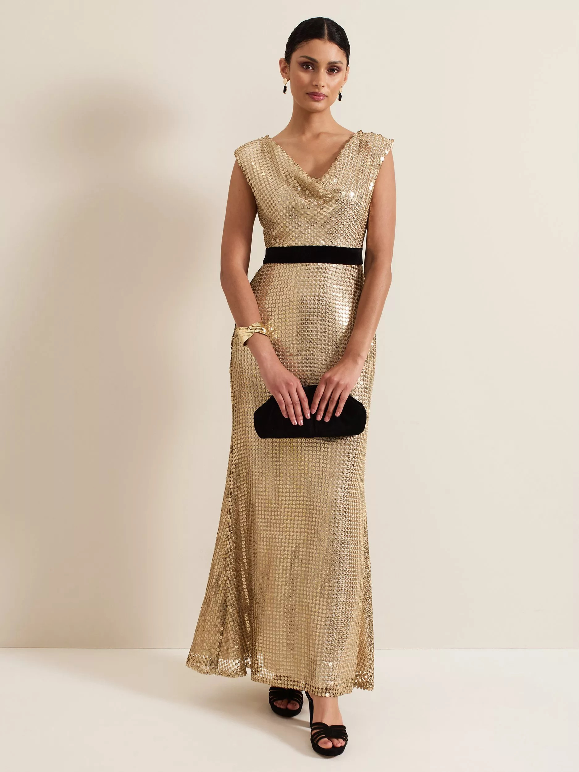 Phase Eight Jamae Sequin Maxi Dress, Gold | John Lewis (UK)
