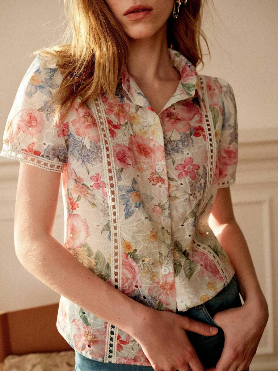 Écloséra Elegant And Fashionable Women's Embroidered Puff Short-Sleeved Shirt, Summer Women's B... | SHEIN
