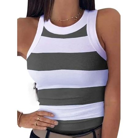Basic Tank Tops Women Sleeveless Stretch Stripe Racerback Crop Tops Ribbed Sport Cami Tops Tshirt | Walmart (US)