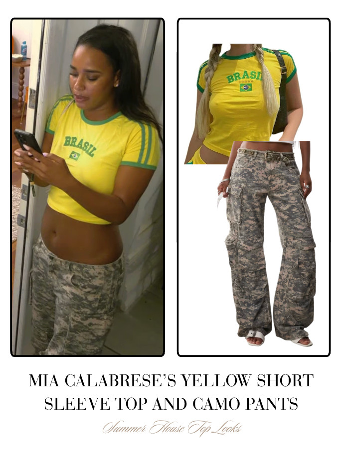 Mia Calabrese's Yellow Short Sleeve Crop Top and Camo Pants 

 
