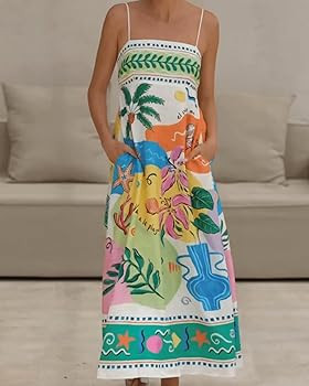 Women Spaghetti Strap Graffiti Maxi Dress Cute Print Maxi Cami Dress Boho Beach Vacation Dresses | Amazon (US)