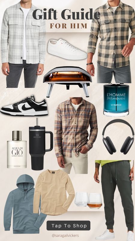 Basically all of Zach’s favorite things. Mens gift guide. Ooni pizza oven. Lululemon. Panda dunks. Cologne. Flannel. Men’s white sneaker. Joggers. AirPod max. Cuts sweatshirt 