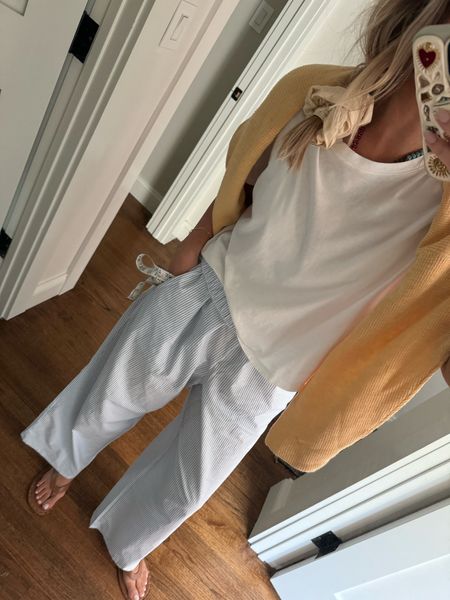 Yesterdays outfit! Loving these pinstripe boxer pants — comes in other colors too! So light and comfy — TTS. 

White tshirt is my brand HDYWT — available on howdoyouwearthatshop.com! 