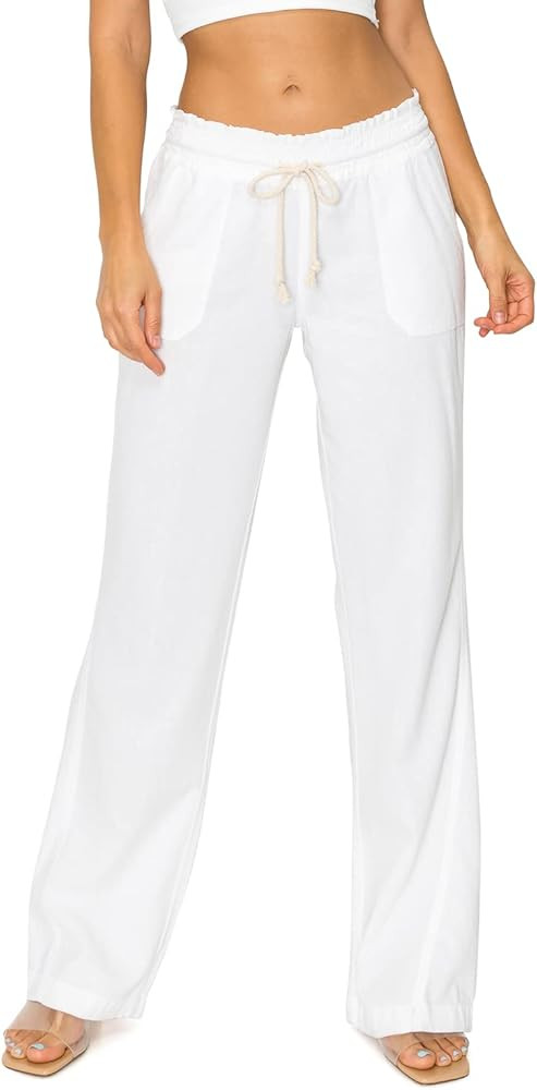 Cali1850 Women's Casual Linen Pants - 32" Inseam Oceanside Drawstring Smocked Waist Lounge Beach ... | Amazon (US)