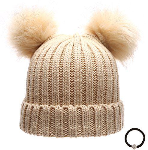 Women's Winter Chunky Knit Double Pom Pom Beanie Hat With Hair Tie. (Khaki) | Amazon (US)
