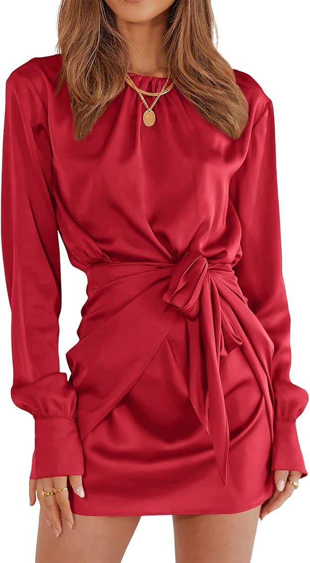 PRETTYGARDEN Women's 2023 Fall Satin Dress Long Sleeve Tie Waist Elegant Cocktail Party Mini Dresses | Amazon (US)