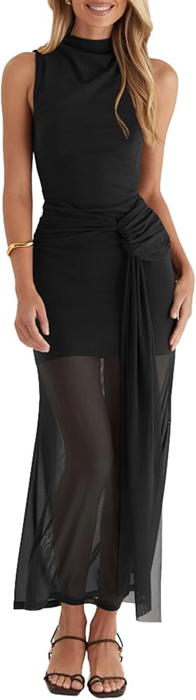 OWIN Women’s Bodycon Long Maxi Dress Elegant Sleeveless Mock Neck Ruched Mesh Sheer Hem Cocktai... | Amazon (US)