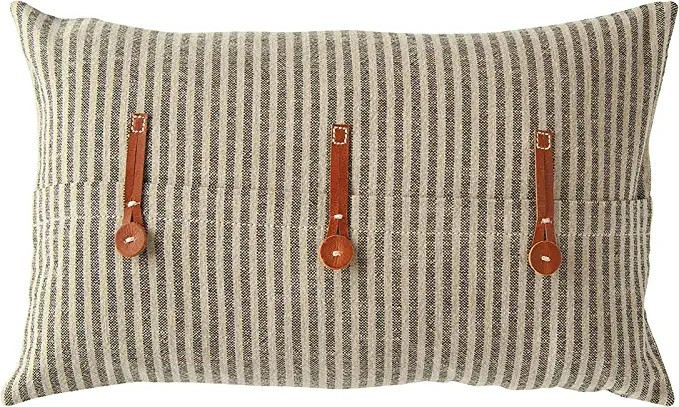 Creative Co-op DF1781 Beige & Black Striped Cotton Ticking Leather Trim Pillows, 20" X 12", Black | Amazon (US)