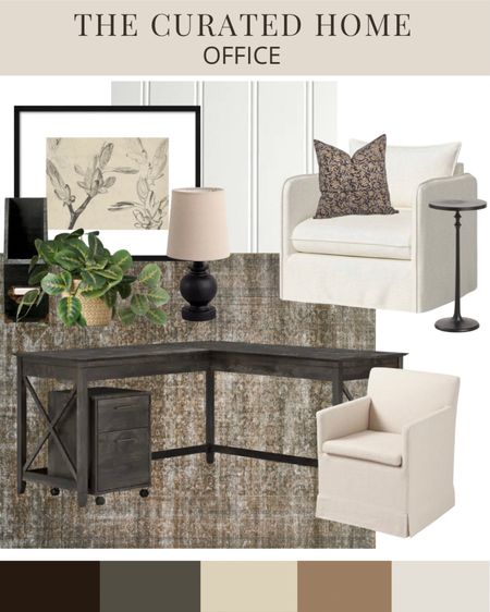Home Office Mood Board featuring an corner desk, black accents, ivory upholstered desk chair, studio mcgee chair, framed art

#LTKhome #LTKstyletip #LTKunder50