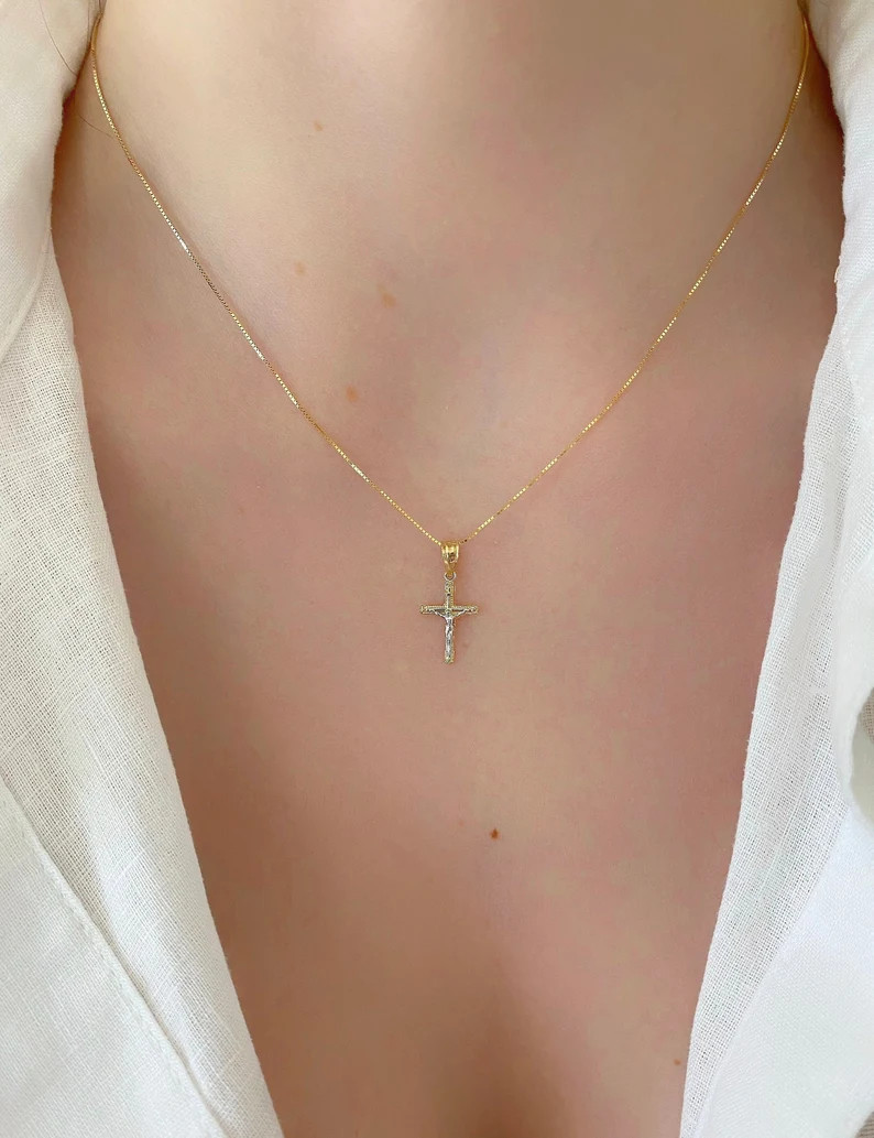 14K Solid Gold Two Tone Crucifix Pendant| 14K Gold Cross| Religious Pendant| Minimal Gold Cross -... | Etsy (Global)