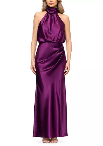 Women's Sleeveless Mock Tie Neck Charmeuse Satin Gown | Belk