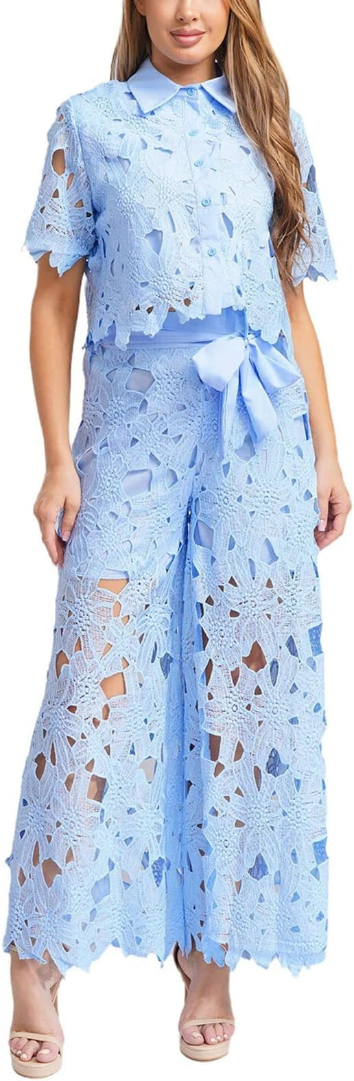 2 Piece Lace Outfits for Women Lace 2 Piece Set Outfit Floral Pants Suit Eyelet Short Sleeve Crop... | Amazon (US)