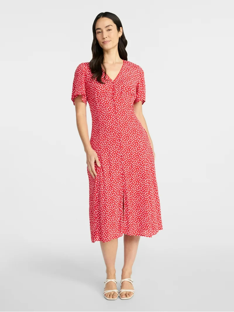 Time and Tru Women's Empire Waist Midi Dress with Short Sleeves, Sizes XS-XXXL | Walmart (US)