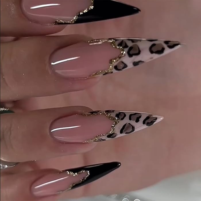 SINHOT Stiletto Press on Nails Long Fake Nails Glossy Glue on Nails Leopard Print Acrylic Nails G... | Amazon (US)
