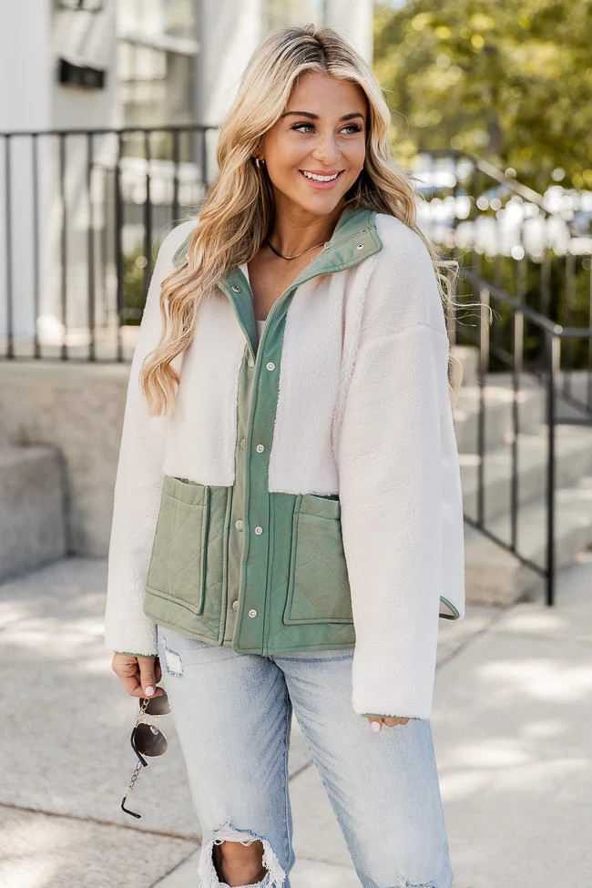 We'll Never Change Olive Sherpa Contrast Jacket | Pink Lily