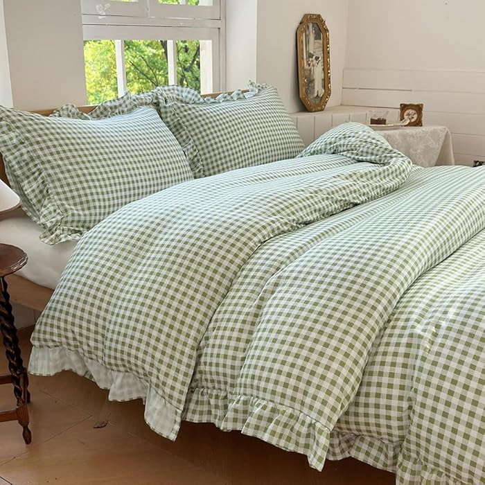 NSNLGSGC Sage Green Gingham Ruffle Duvet Cover Twin Size, 2 Pieces Soft Pre-Washed Microfiber Che... | Amazon (US)