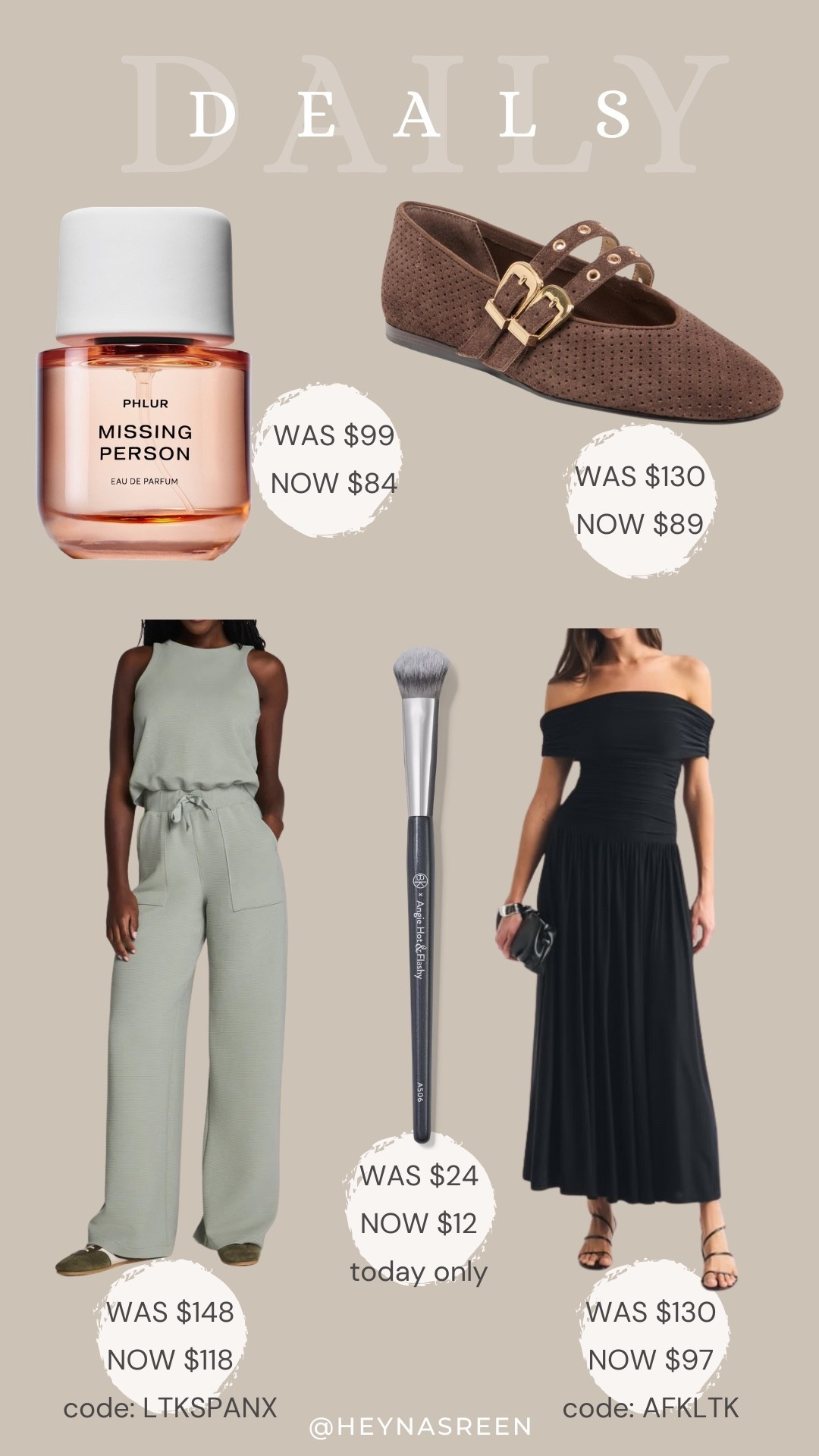 Daily deals on PHLUR perfume, Dolce Vita flats, Abercrombie dress, BK Beauty brush, Spanx jumpsuit 