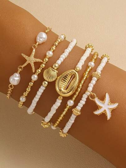 6pcs/Set Summer Beach Layered Pearl Bracelet Set, Fashion Starfish & Shell Pendant Bracelets, Sex... | SHEIN