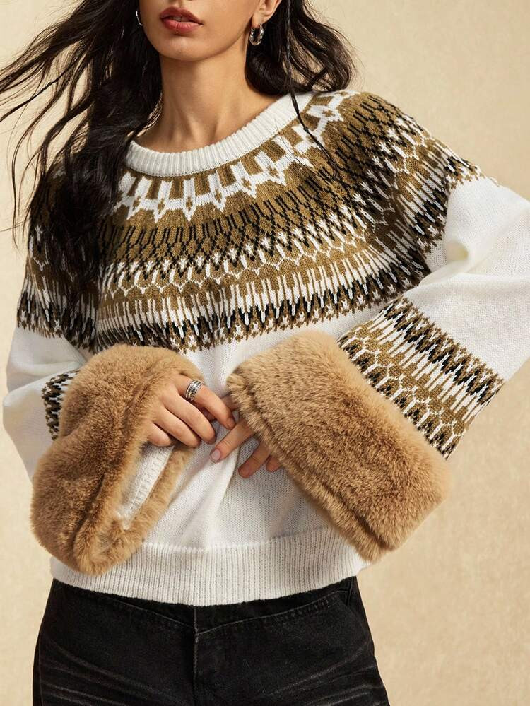 Easelle Vintage Bohemian Style Women's Long Sleeve Sweater Christmas Jumper New Year Women's Clothes Winter Spliced Fur Collar For Warmth And Comfort | SHEIN