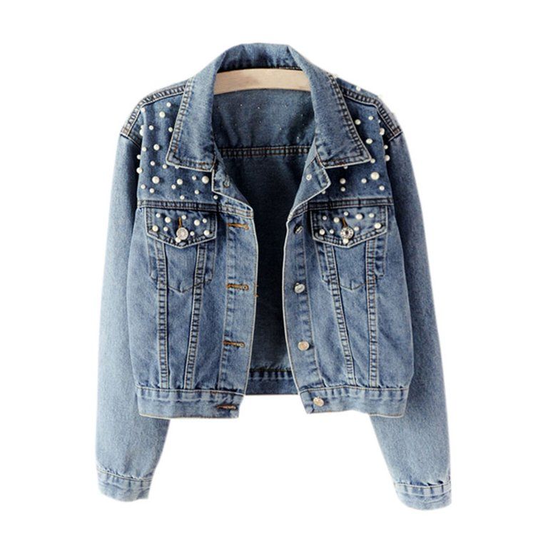 Plus Size Women's Pearl Denim Jacket Loose Fit Casual Biker Jeans Coat Outerwear | Walmart (US)