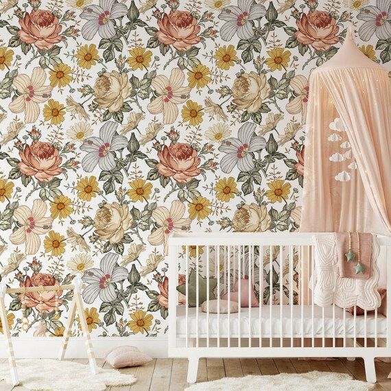 Floral Peel and Stick Removable Nursery Wallpaper  Temporary | Etsy | Etsy (US)