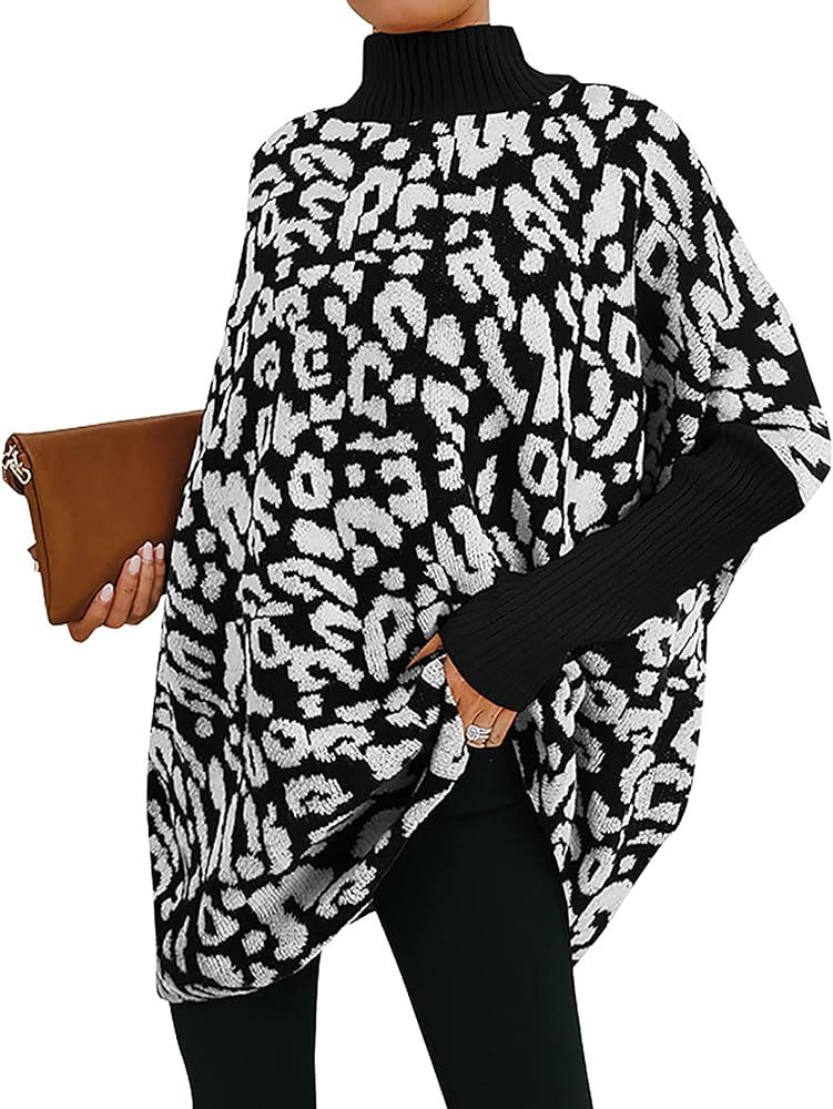 Zenlonr Women's Casual Turtleneck Sweaters Ribbed Long Batwing Sleeve Leopard Print Oversized Pul... | Amazon (US)