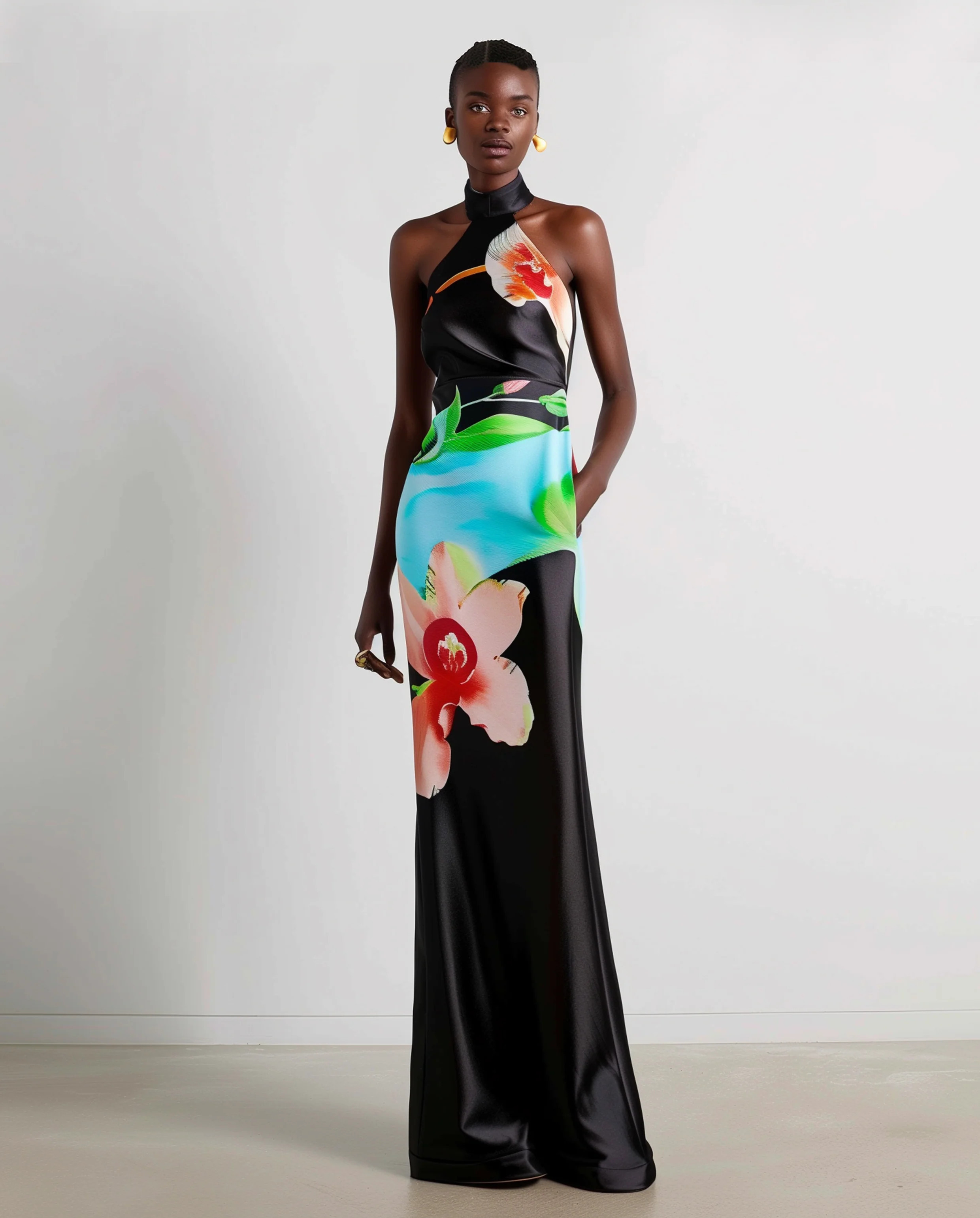 Floral Satin Halter Dress - Multicolor Black | JW PEI US