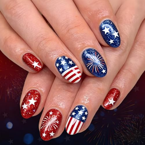 4th of July Press on Nails Short Oval Fake Nails with Glitter Star Design Glossy Blue Red White Nails Press on USA Flag Fireworks False Nails Reusable Summer Independence Day Nail for Women 24Pcs | Amazon (US)