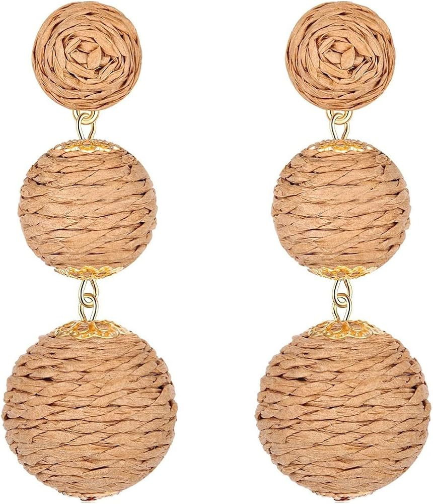 Boho Raffia Ball Long Earrings Multicolor Handmade Dangle Drop Earrings Bohemian Summer Beach Rat... | Amazon (US)