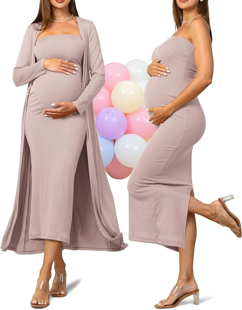 Rnxrbb 2 Piece Maternity Dress Cardigan Baby Shower Wedding Guest Summer Gender Reveal Photoshoot... | Amazon (US)